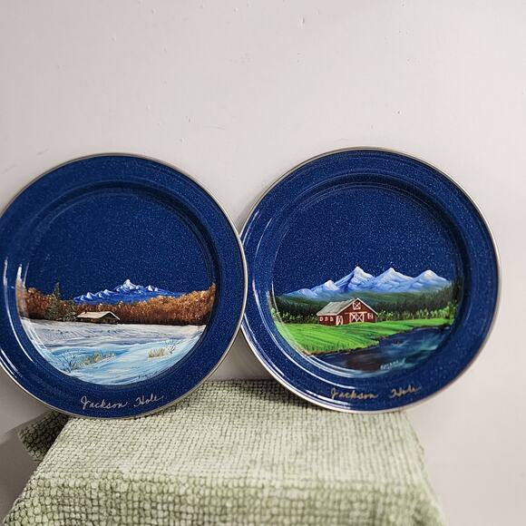 VTG Hand Painted Jackson Hole Enamel Plates Set of 2 by Blondina Seibert 8” - Picture 1 of 9